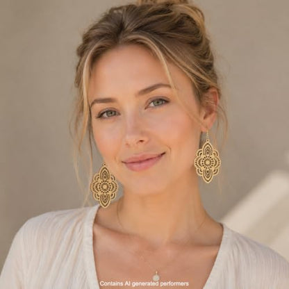 Boho Black Filigree Dangle Earrings for Women, Lightweight Hollow Lace Drop, Wood, 3.34" x 1.69", Bohemian Jewelry - color: Beige