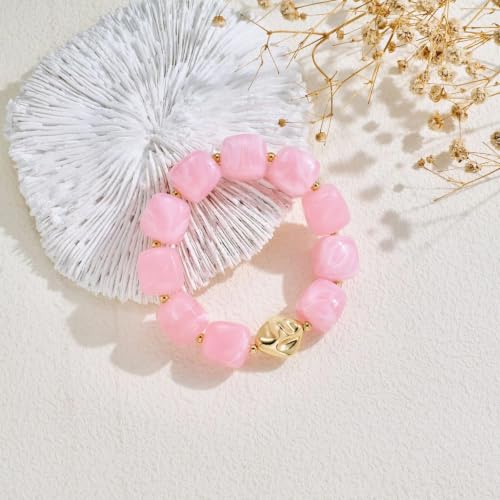 Bead Bracelet for Women Vibrant Color Resin Beads Bracelets Elastic Stretch Chunky Bracelet Boho Summer Beach Vacation Jewelry - color: Pink