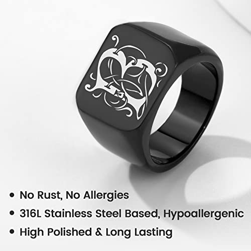 GoldChic Jewelry Personalized Signet Rings Men Women, Stainless Steel Custom Photo Bold Square/Oval Monogram/Old English Initial Pinky Stacking Statement Ring in Black/Silver/Gold (Size 7-14) - color: Black-Initial -Square
