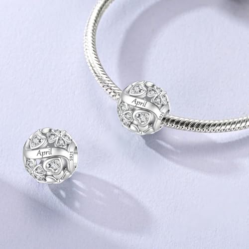 LNQOBU 925 Sterling Silve Lucky Birthstone Charm for Bracelets, With 5A Cubic Zirconia Birthday Charms Dangle Pendant Bead for Pandora Bracelets and Necklaces - color: D1-April