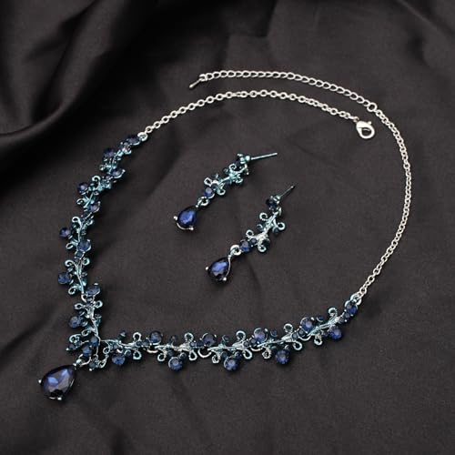 3Pcs Austrian Crystal Jewelry Set for Women, Necklace Dangle Earrings Link Bracelet Jewelry Set with Gold/Platinum/Gun Plated, Wedding Party Jewelry for Bridal Bridesmaid - color: Blue Black-Platinum Plated