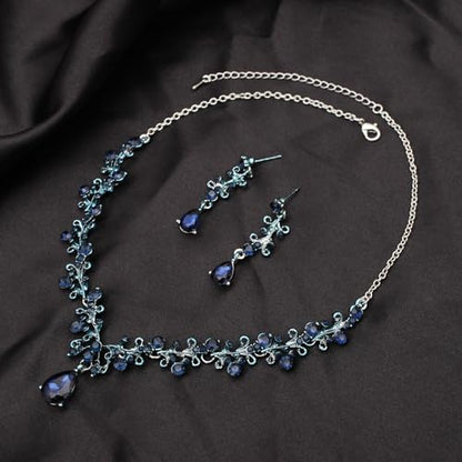 3Pcs Austrian Crystal Jewelry Set for Women, Necklace Dangle Earrings Link Bracelet Jewelry Set with Gold/Platinum/Gun Plated, Wedding Party Jewelry for Bridal Bridesmaid - color: Blue Black-Platinum Plated