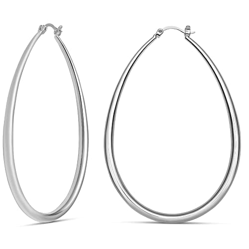 Milla Oval Hoop Earrings for Women | Elegant Polished 14K Gold, Rose Gold or Silver Plated Hoops with Secure Latch Closure, Hypoallergenic & Lightweight - color: Sterling Silver Plated / 2.8 in - X-LARGE