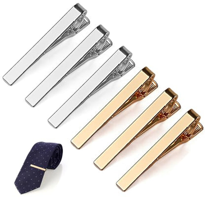 MOWPOG 6 Pcs Tie Clips for Men, Tie Bar Pins Tacks with Gift Box | Copper, Shiny & Glossy, for Father, Husband, Boyfriend, Business, Wedding, Suit Accessories, Easy to Open, Won't Fade/Scratch - color: 3 Gold + 3 Silver