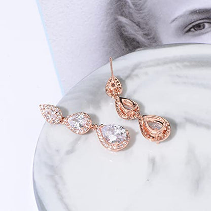 Women's Cubic Zirconia Bridal Earrings - Elegant Long Wedding Party Prom Earring for Bride Bridesmaids Crystal CZ Rhinestone Chandelier Statement Dangle Drop Earrings for Women - color: 14k rose gold plated