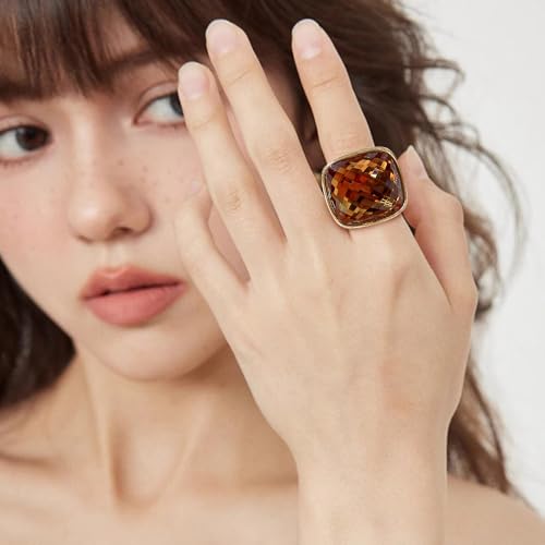 Chunky Square Crystal Glass Stainless Steel Statement Ring for Women Men Gold-Tone Plated Exaggerated Large Geometric Green Cubic Zirconia Finger Band Knuckle Rings Cocktail Prom Fashion Jewelry - color: Brown