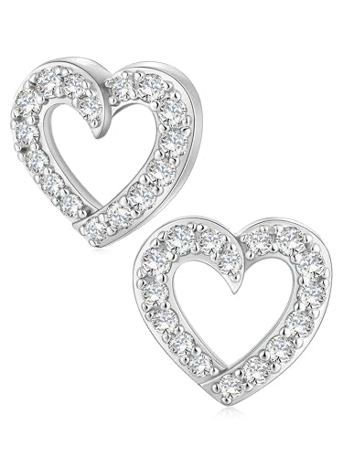 All Moissanites Sparkly Geometric Stud Earrings for Women, Solid 925 Sterling Silver with Rhodium/Gold Plated Hypoallergenic, Lightweight Comfy Earrings - color: Heart - White Gold