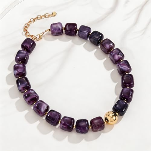 Colorful Statement Chunky Beaded Necklace for Women Large Square Resin Beads Y2K Trendy Bold Summer Vacation Boho Choker Jewelry - color: Purple