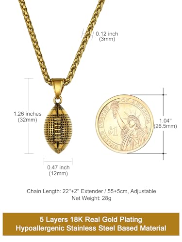 GOLDCHIC JEWELRY Sport Necklaces for Men Teen, Football Baseball Soccer Basketball Softball Necklaces with Stainless Steel Chain Athlete Jewelry Sports Fan Gift - color: American Football Pendant-Gold, style: NO Engraving