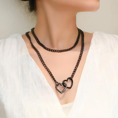 Heart Slip Chain Necklace for Women, 36 Inch Gothic Punk Cuban Chain, Removable Black Heart O-Ring, Detachable Heart Pendant, Adjustable Stainless Steel Y-Necklace. - color: Black Heart-1