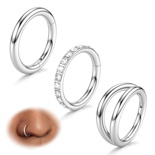 BodyBonita 3pcs Nose Rings Hoops - Double Hoop Nose Ring 14/16/18/20G Hinged CZ Piercing Jewelry Septum Clicker Rings Cartilage Earring Helix Rook Tragus Daith 7mm/8mm/9mm/10mm - color: Silver, size: 14 gauge(1.6mm)-9mm