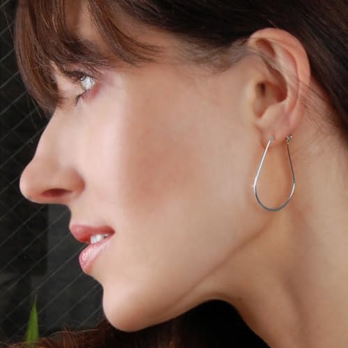 Oval Threader Hoop Earrings for Women - Lightweight Thin Earring Hoops | Plated in 18K Gold or 925 Sterling Silver, Hypoallergenic and Safe for Sensitive Ears - color: 1.4" inch - 925 Sterling Silver Plated