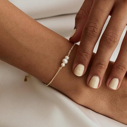 SLOONG 14K Gold Plated Pearl Bracelets for Women Trendy | Dainty Stackable Layered Chain Bridesmaid Bracelets, Waterproof Wedding Jewelry for Women Adjustable 6"+2" - color: Style4(Pearl)