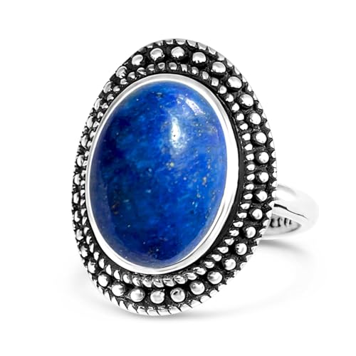 Retro Sterling Silver Stone Ring,Antique Natural Real Oval Crystal Quartz Gemstone Boho Bohemian Ring Jewelry for Women - color: A08_Lapis Lazuli
