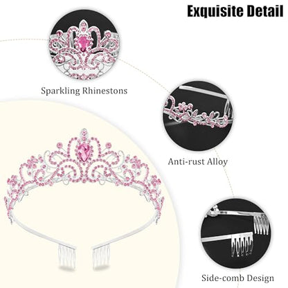 TAROSE Tiaras for Women, Birthday Crown and Sash for Girls | Birthday Sash Sunglasses Outfit, Birthday Gift for Women Girls, Goddess Crown Bride/Halloween/Prom/Party/Costume - color: 1 H. Silver+single Pink