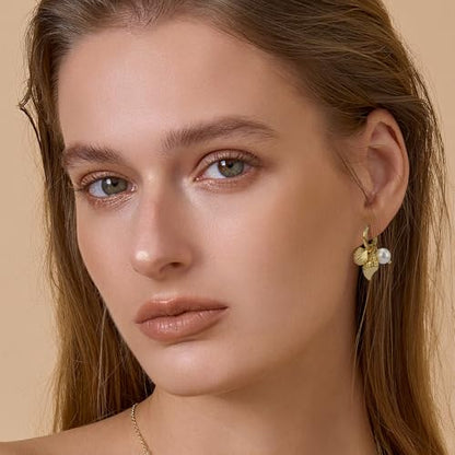 Dangle Gold Charm Earrings for Women 14K Gold Plated Bow Cherry Rose Zirconia Dragonfly Love Heart Wing Cross Pearl Conch Seashell Huggie Hoop Earring Drop Cross Trendy Party Jewelry Gifts for Women - style: Seashell and Pearl