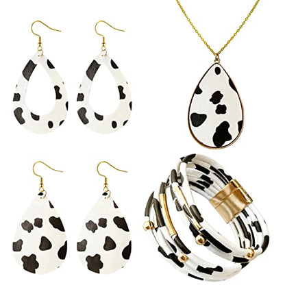 4 Pieces Faux Leather Earrings Necklace Bracelet Set 4 Pieces Christmas Plaid Stripe Jewelry Set Multi-Layer Leather Bracelet, Dangle Leather Earrings Necklace Glitter Jewelry Set for Women - color: black and white 3