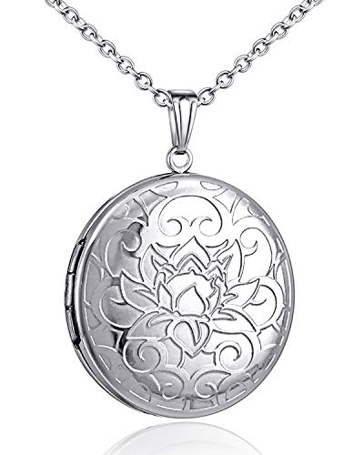 YOUFENG Round Locket Necklace that Holds Pictures Heart Circle Shape Lockets Gift for Jewelry - style: Round flower locket