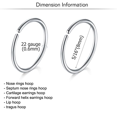 18g 20g 22g Nose Rings Hoops Silver Gold Hoop Nose Ring Surgical Steel Hypoallergenic Cartilage Hoop Earring Thin Helix Earring Hoops Tiny Small Lip Rings Piercing Jewelry 6mm 8mm 10mm - color: Silver 22g 8mm