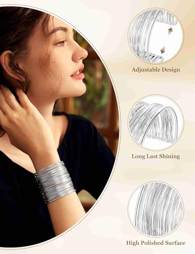 2 Pcs Gold Cuff Bangle Bracelet Set for Women Irregular Minimalist Statement Bangle Bracelets Wide Open Chunky Wire Bracelets Wrist Cuff Adjustable Hammered Bracelet - color: Silver D