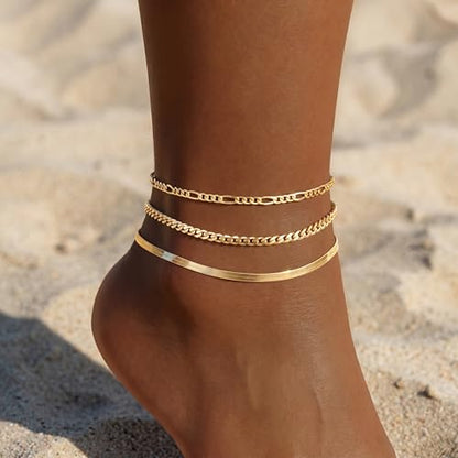 Waterproof Ankle Bracelets for Women,14k Gold Plated Hypoallergenic Layered Stackable herringbone Cuban Link Chain,Adjustable Beach Anklets Bracelets for Women Gift 3pc Sets - color: Gold