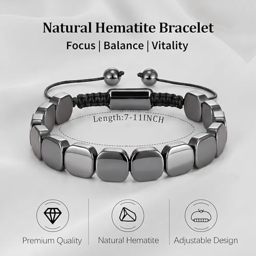 Hematite Bracelet for Men, Natural Hematite Stone Handmade Braided Rope Bracelets Healing Grounding Balance Inspirational Jewelry Birthday Gift for Him - color: Hematite-1