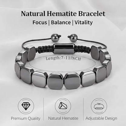 Hematite Bracelet for Men, Natural Hematite Stone Handmade Braided Rope Bracelets Healing Grounding Balance Inspirational Jewelry Birthday Gift for Him - color: Hematite-1