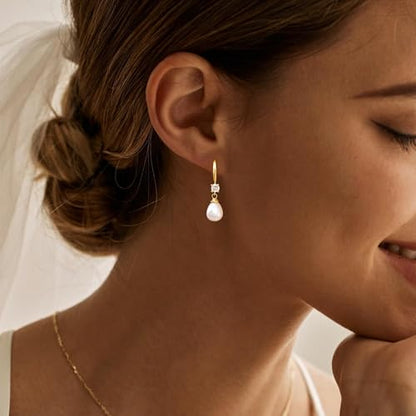 Pearl Earrings for Women, 14k Drop Earrings Gold Earrings for Women Trendy Dainty CZ Long Pearl Dangle Earrings Cute Prom Wedding Earring Dangling Bridal Jewelry Gifts