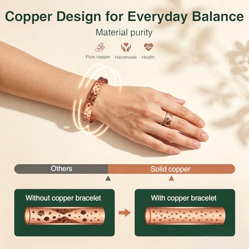 Copper Bracelets for Women Men Set, 100% Solid Real Pure Handmade Hammered Copper & Rings Jewelry Bracelet