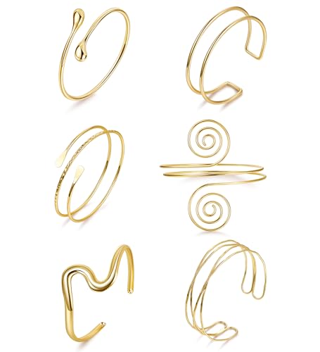 6 Pieces Upper Arm Cuff Arm Band Cuff Bangle Bracelet for Women Hammered Chunky Bracelets Open Wide Wire Bracelets Minimalist Coil Bangle Set Gold Sliver Wrist Cuff Wrap Bracelet Adjustable - color: Gold Cuff Bracelets C