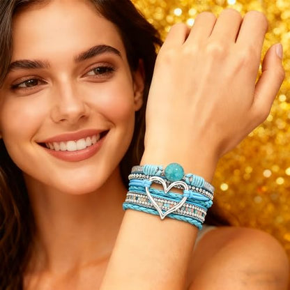 Leather Wrap Bracelets for Women, Boho Leopard Multi-Layer Crystal Beads Cuff Jewelry - color: J-Warp-017