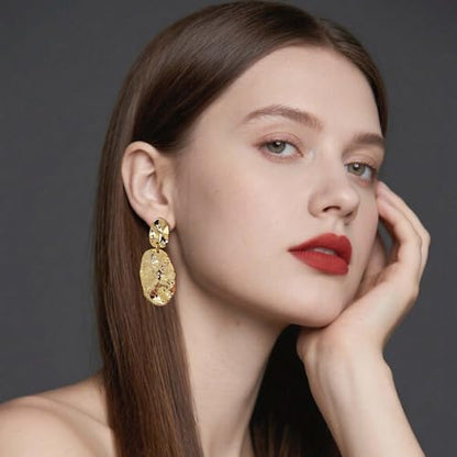 Large Geometric Drop Dangle Earrings for Women Pearl Teardrop Disc Rectangle Oval Fishtail Shell Shaped Textured Dangle Studs Earrings for Women - color: Gold-Oval
