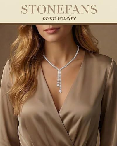 STONEFANS Long Tennis Necklaces for Women - Dainty Silver Lariat Necklace Rhinestone Y Shaped Drop Necklace Cute Choker Necklaces for Women Trendy Silver Prom Jewelry Gifts - color: Drop -Silver