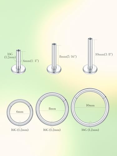 Oveta 16G 18G Flat Back Studs Earrings for Tragus Cartilage Piercing Jewelry, Surgical Steel Nose Rings Hoops 6/8/10mm, Silver/Gold - color: Silver, size: 16g*6/8/10mm bar