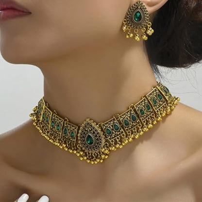 Frodete Indian Jewelry Sets for Women Traditional Bohemian Wedding Jewelry Set Indian Dresses for Women Oxidized Ethnic Party Prom Wear - color: B3:green indian necklace earring sets