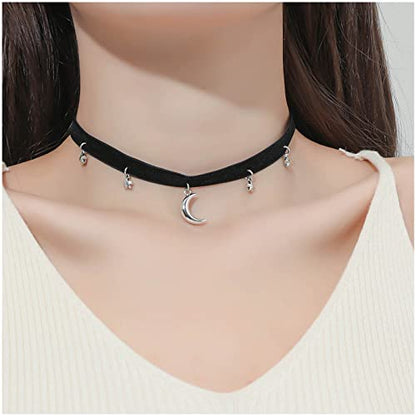 YienDoo Punk Black Velvet Choker Necklace Vintage Silver Tiny Moon Stars Pendant Necklace Suede Rope Chain Choker Gothic Statement Star Crescent Moon Necklace Charm Jewelry for Women