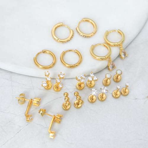 Stainless Steel Stud Earrings Set for Women Hypoallergenic Flat Back Cartilage Earrings Screw Back Huggie Hoop Earrings Multiple Piercing Cubic Zirconia Helix Tragus Jewelry - color: Set-F-14K Gold Plated