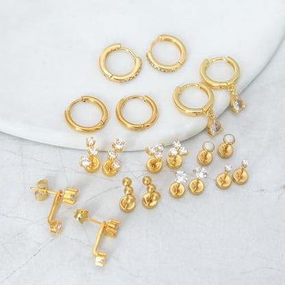 Stainless Steel Stud Earrings Set for Women Hypoallergenic Flat Back Cartilage Earrings Screw Back Huggie Hoop Earrings Multiple Piercing Cubic Zirconia Helix Tragus Jewelry - color: Set-F-14K Gold Plated