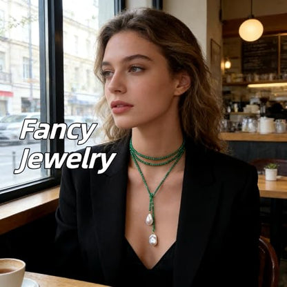 Crystal Beaded Lariat Necklace with Baroque Pearl Drops, Adjustable Y-Shaped Wrap Choker, Elegant Layered Chain Jewelry for Women Daily & Formal Wear - color: green