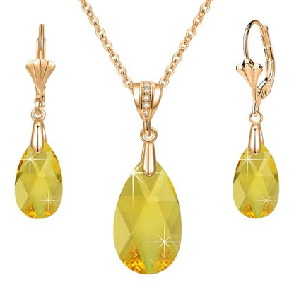 Austrian Crystals Teardrop Pendant Necklace Earrings for Women 14K Gold Plated Hypoallergenic Leverback Drop Dangle Earrings Jewelry Set - color: Yellow