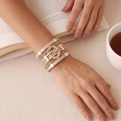 Edoneery Leather Wrap Bracelets for Women, Boho Layered Cuff Bangle | Gold circle, Multi-layer Leather Cuff, Daily wear, Stackable Bangle, Easy on-off, Western Jewelry Gifts for Women - color: Gold-3