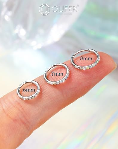 OUFER Opal and CZ 20G Nose Rings Hoops, 316L Surgical Steel Hinged Segment Nose Piercing Jewelry, Septum Lip Eyebrow Rings Cartilage Conch Rook Helix Tragus Daith Earrings For Women and Men-6/7/8MM - color: Silver