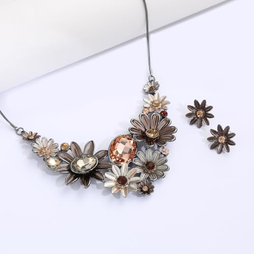 Chunky Statement Jewelry Set Vintage Retro Leaf Flower Floral Geometric Bohemian Boho Bib Necklace Earring Set Fashion Costume Jewelry for Women Girls Wedding Party Prom Unique Gift - style: sunflower crystal JS black brown