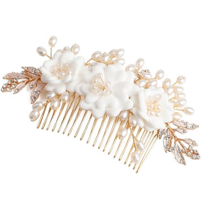 Fancy White Flower Bride Wedding Hair Comb, Handmade Pearl Rhinestone Hair Accessory for Bridal Women (Gold with 3 Flowers) - color: Style 1(with 3 Flowers)