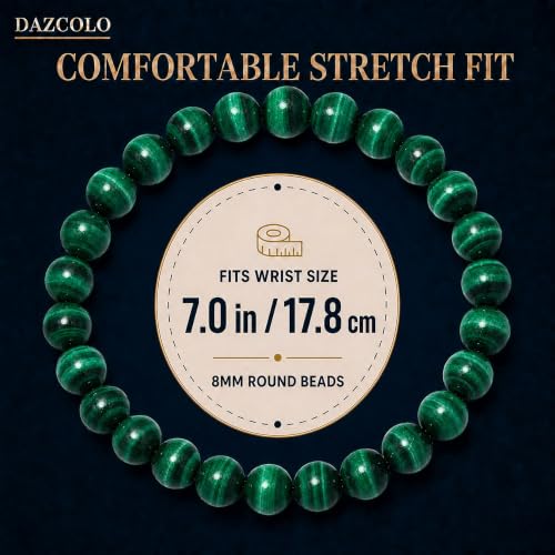 8mm Natural Crystal Stretch Bracelet | Handmade Round Stone Bead Bracelet, Runs Large, Meditation Yoga Gift for Women & Men - color: Malachite