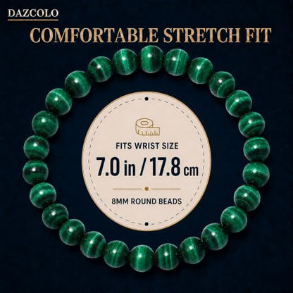 8mm Natural Crystal Stretch Bracelet | Handmade Round Stone Bead Bracelet, Runs Large, Meditation Yoga Gift for Women & Men - color: Malachite