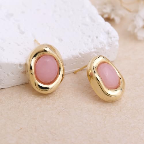 Jean Beau Chunky Gold Stone Stud Earrings for Women, Trendy Natural Gemstone Hypoallergenic Earing Valentine Jewelry Gift - color: Rose Quartz