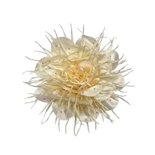 Dtja 4" Dainty Spiky Fabric Flower Brooch Pin for Women Elegant Crystal Colorful Pom-Pom Fluffy Floral Peony Corsage Brooches Lapel Hair Pins Fashion Party Dress Accessories Jewelry - color: Beige