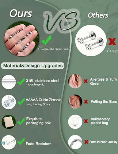 YADOCA 18Pairs Hypoallergenic Threadless Flat Back Earrings for Women 20G | Surgical Steel Push in Nose Stud Rings Labret Cartilage Lip Rings Medusa Nostril Conch Tragus Piercing Jewelry - color: A:Stud, size: 20G-6MM