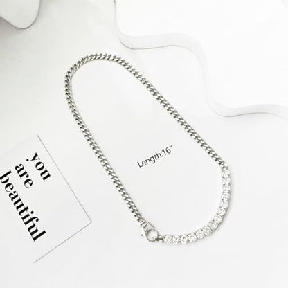 Luxval Tennis Necklace 14K Gold Plated Rhinestone Butterfly Choker Necklaces for women Dainty Zirconia Cut Faux Diamond chain 3mm - color: Silver-Cuban tennis